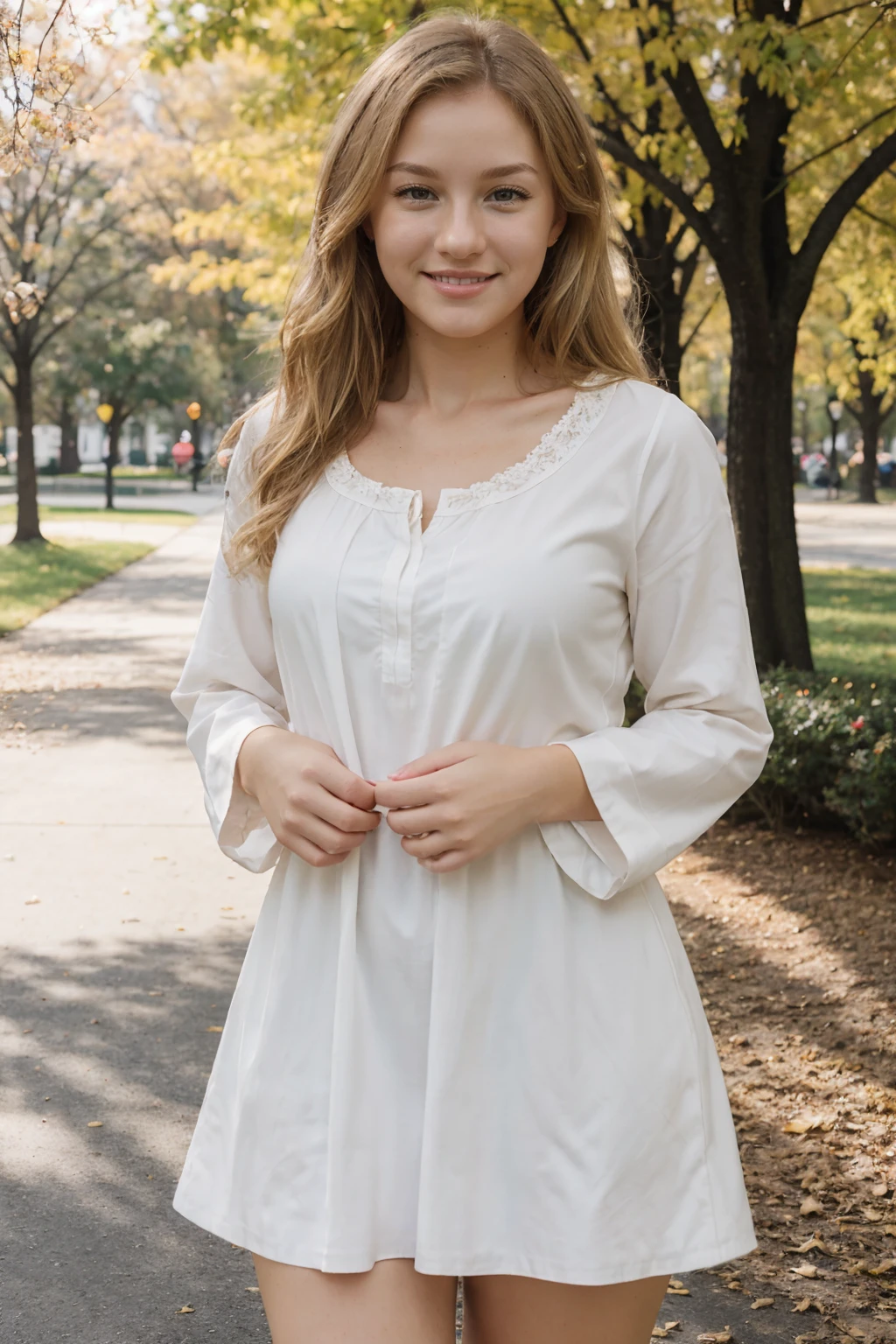blond:2, portrait of blond erikasynth15 with blond hair standing in the park wearing a cotton dress, neutral expression. blonde:2,