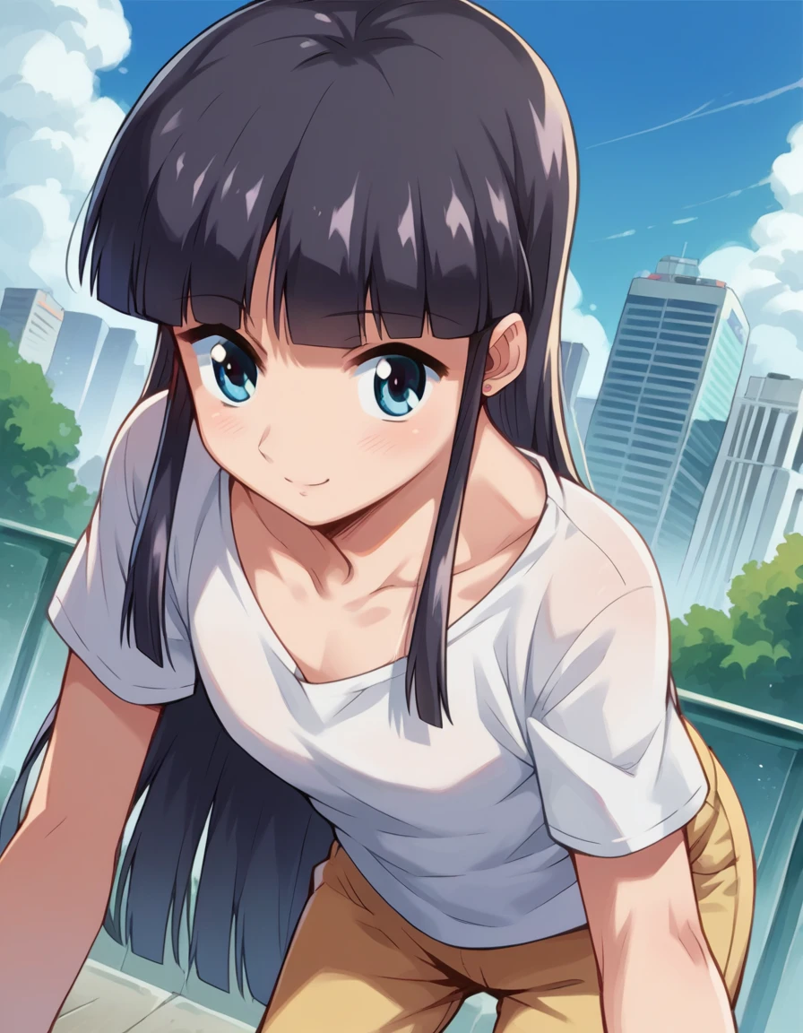 score_9, score_8_up, score_7_up, source_anime,
bokunococo, <lora:boku-no-coco-ponyxl-lora-nochekaiser:1>
coco, long hair, blue eyes, black hair, bangs, blunt bangs, sidelocks, smile,
shirt, white shirt, pants,
outdoors, cityscape, bent over,
looking at viewer, dutch angle, cowboy shot,