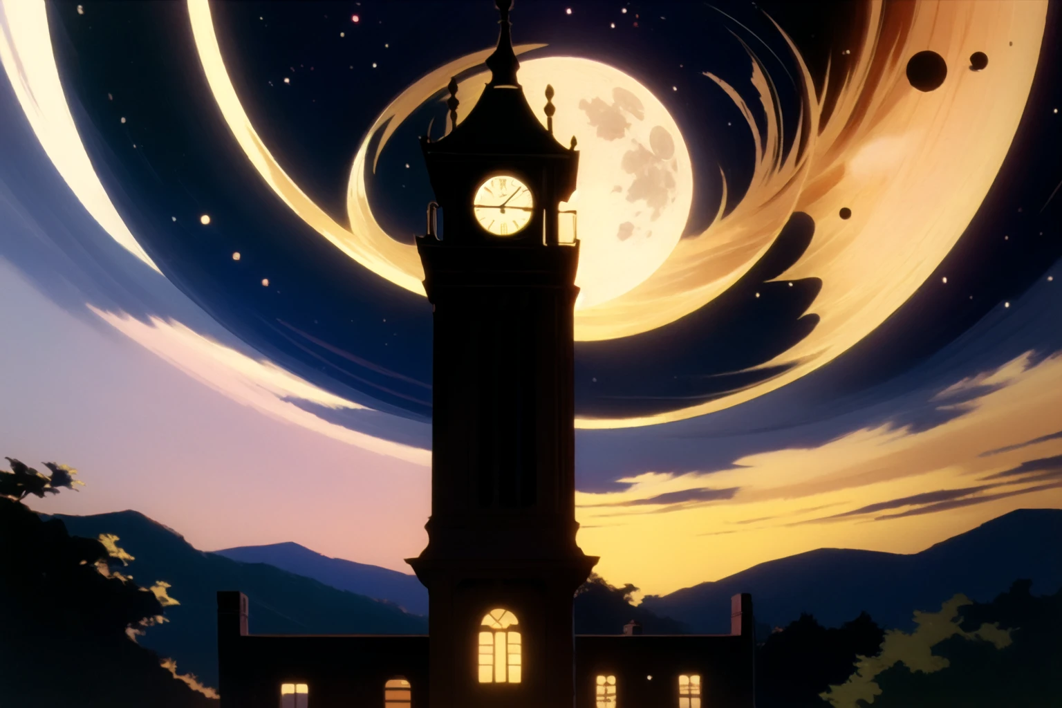 utenaki, fantasy clock tower in darkness under the full moon, <lora:utenaki1:1.0>