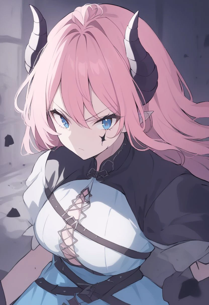 A young girl with pink hair and blue eyes with demon horns and tail in a white dress with black gloves, standing in a dark alleyway, surrounded by smoke and debris, with a determined expression on her face, preparing to fight, in the style of an anime screenshot