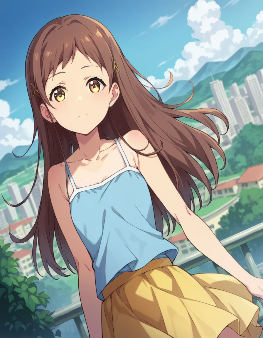 score_9, score_8_up, score_7_up, source_anime,
chiesayama, <lora:chie-sayama-ponyxl-lora-nochekaiser:1>
chie sayama, brown hair, yellow eyes, hair ornament, hairclip,
camisole, blue camisole, bare shoulders, collarbone, skirt, yellow skirt,
outdoors, cityscape,
looking at viewer, dutch angle, cowboy shot,