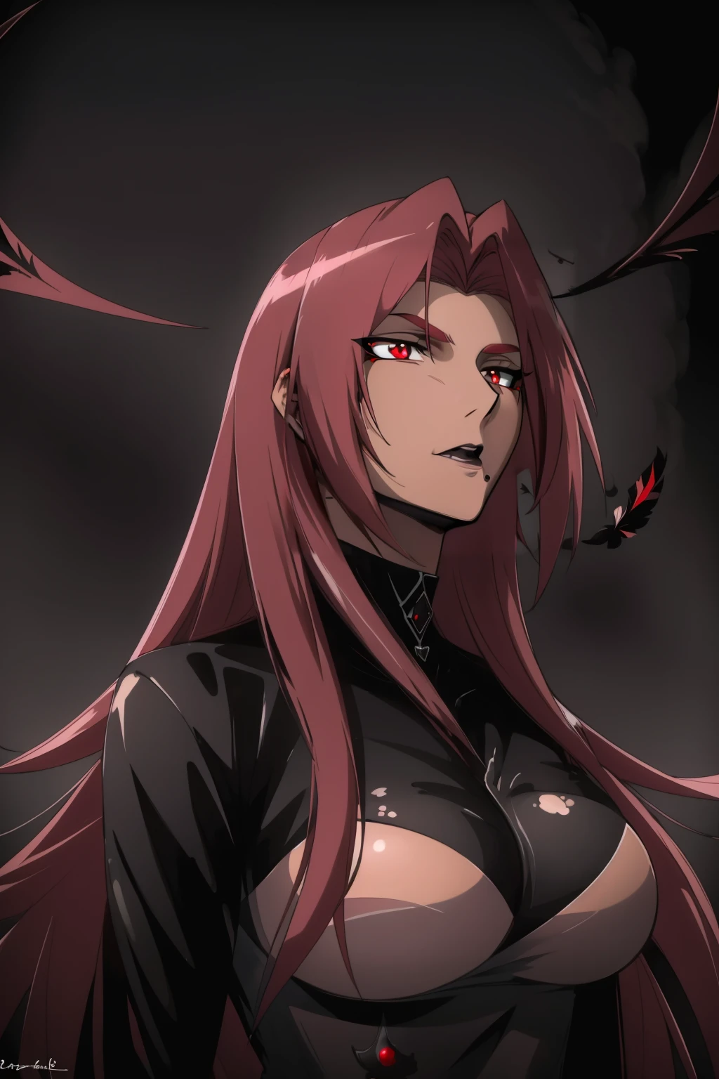 ingrid,best quality,masterpiece,highres,dark skin,upper body,<lora:ingrid_nai_V8-000018:0.7>,Floating black ashes, Beautiful and detailed black, red moon, ((The black clouds)), (black Wings) , a black cloudy sky, burning, black dress, ((Black fog)), Red eyes, (black smoke), ((Black feathers floating in the air)),bat, (floating black cloud:1.5),,