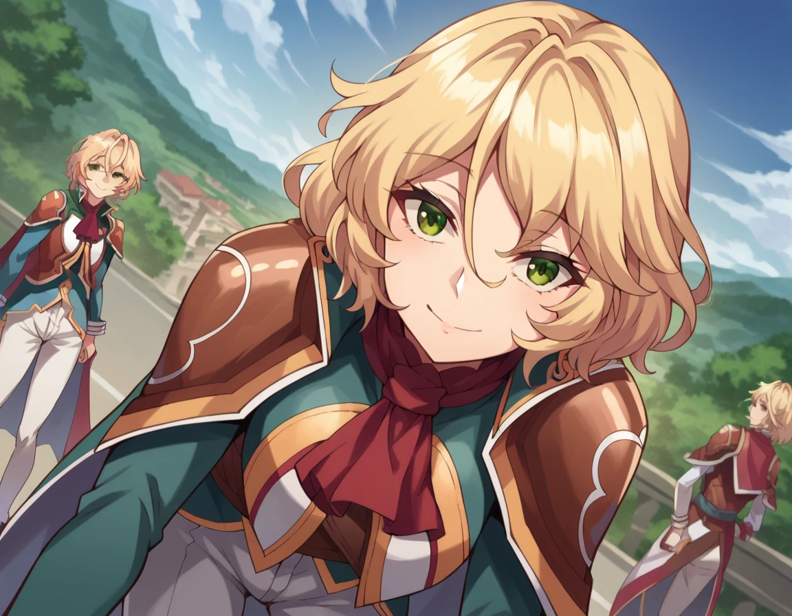 score_9, score_8_up, score_7_up, source_anime,
healerblade, <lora:healer-blade-ponyxl-lora-nochekaiser:1>
blade, blonde hair, green eyes, short hair, hair between eyes,
long sleeves, pants, cape, uniform, military, ascot, white pants,
outdoors, cityscape, bent over, smile,
looking at viewer, dutch angle, cowboy shot,