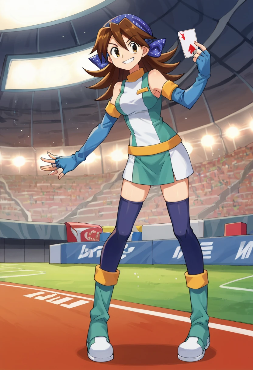 score_9, score_8_up, score_7_up, score_6_up, score_5_up, score_4_up, BREAK source_anime,1girl,solo, anime screencap,smile,minttcg, <lora:MintPony:0.85>,blue bandana,sleeveless,elbow gloves,fingerless gloves,skirt,thighhighs,boots,full body,holding playing cards,smirking,indoors,in stadium concourse