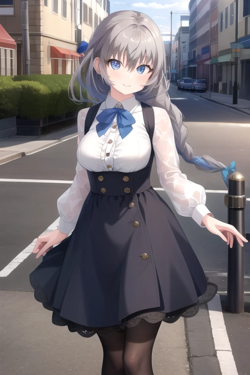 ((masterpiece)),(best quality),official art,extremely detailed CG,unity 8k wallpaper,ultra detailed,beautiful detailed eyes,extremely detailed face,outdoors,1girl,solo,cowboy shot,looking at viewer,facing viewer,smile,Matsuki Ira,very long hair,grey hair,shiny hair,long braid,single braid,braided ponytail,hair ribbon,hair bow,blue bow,hair intakes,sidelocks,hair between eyes,bangs,blue eyes,jewelry,brooch,white shirt,dress shirt,collared shirt,center frills,long sleeves,large breasts,underbust,high-waist skirt,suspender skirt,long skirt,blue skirt,black pantyhose,sneakers,white footwear,<lora:Matsuki Ira(uycb)>,