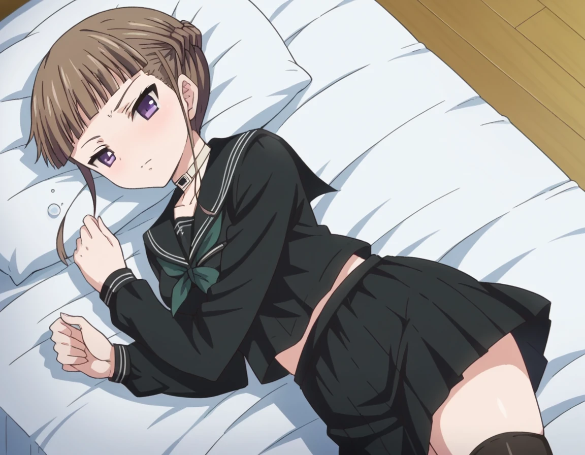score_9, score_8_up, score_7_up, source_anime,
nemumanaka, <lora:nemu-manaka-ponyxl-lora-nochekaiser:1>
nemu manaka, brown hair, sidelocks, purple eyes,
skirt, thighhighs, long sleeves, school uniform, serafuku, choker, black thighhighs, black skirt, collar, zettai ryouiki, black serafuku,
indoors, bed, bed room, on side, blush, drunk,
looking at viewer, dutch angle, cowboy shot,