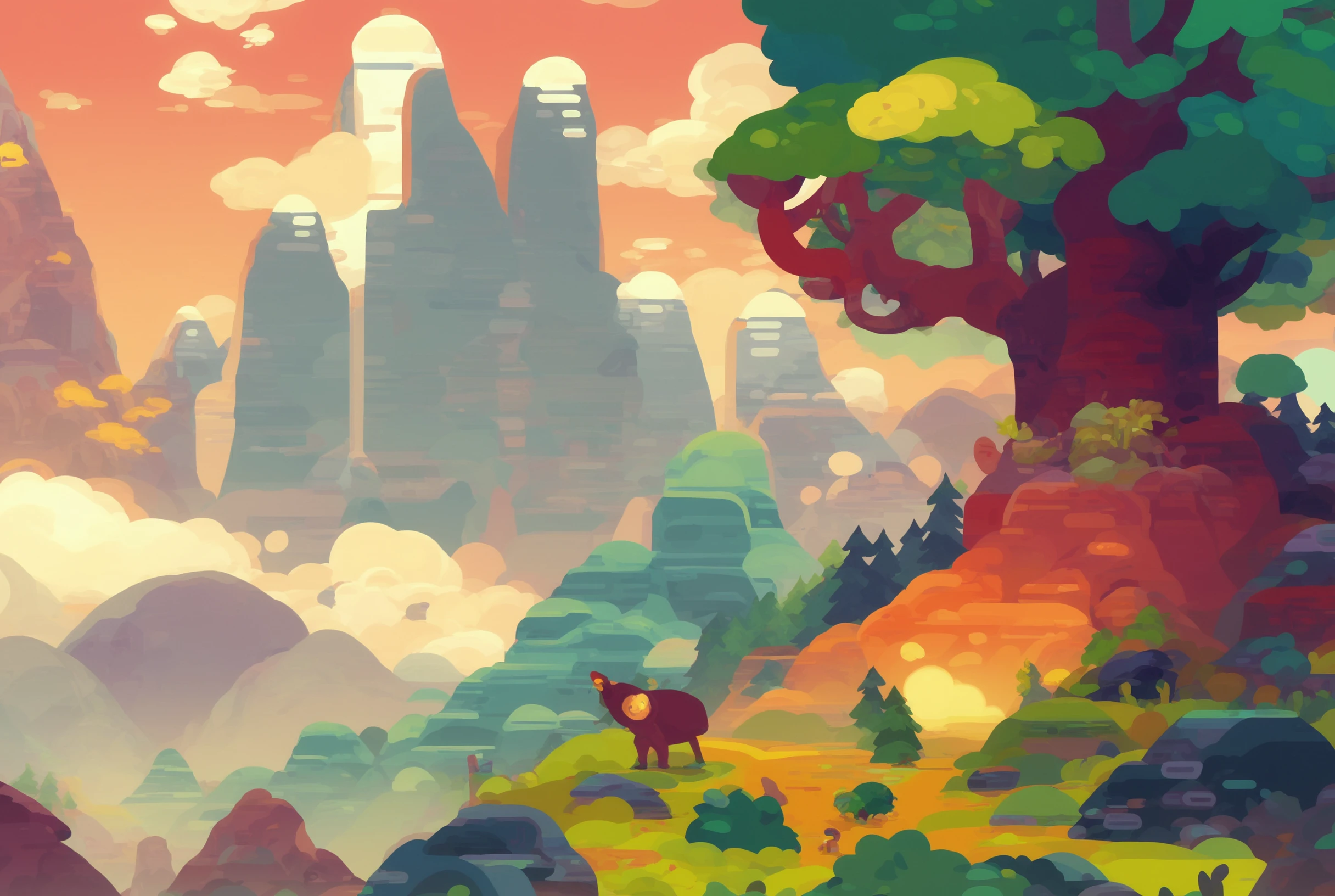 score_9, score_8_up, score_7_up, a stunning sunset,forest,mountains, landscape,sky,clouds <lora:kurzgesagtv1PonySDXL:1> kurzg3sagt,trees on foreground