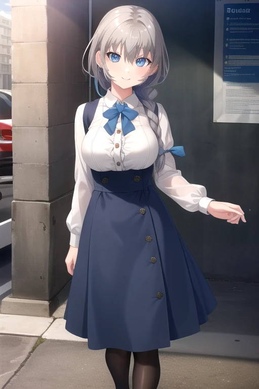 ((masterpiece)),(best quality),official art,extremely detailed CG,unity 8k wallpaper,ultra detailed,beautiful detailed eyes,extremely detailed face,outdoors,1girl,solo,cowboy shot,looking at viewer,facing viewer,smile,Matsuki Ira,very long hair,grey hair,shiny hair,long braid,single braid,braided ponytail,hair ribbon,hair bow,blue bow,hair intakes,sidelocks,hair between eyes,bangs,blue eyes,jewelry,brooch,white shirt,dress shirt,collared shirt,center frills,long sleeves,large breasts,underbust,high-waist skirt,suspender skirt,long skirt,blue skirt,black pantyhose,sneakers,white footwear,<lora:Matsuki Ira(uycb)>,