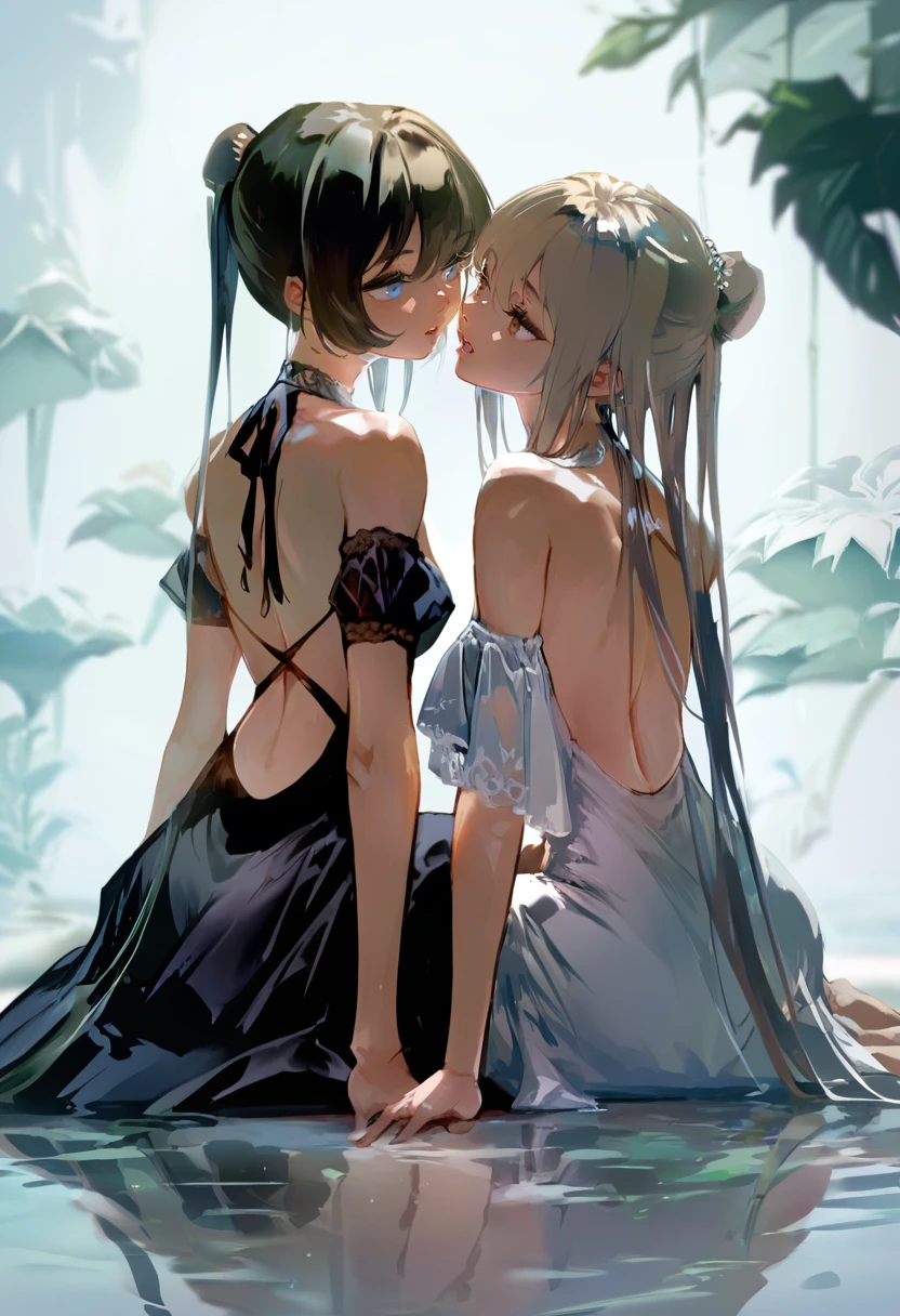 score_9, score_8_up, score_7_up, score_6_up, <lora:anmiXL_P6_lokr_V2233:0.95> multiple girls, 2girls, dress, long hair, black dress, blue eyes, black hair, yuri, ponytail, bare shoulders, backless dress, backless outfit, bangs, white dress, single hair bun, looking at another, hair bun, parted lips, sitting, open mouth, brown eyes, very long hair, detached sleeves, imminent kiss, water, bare back, sidelocks