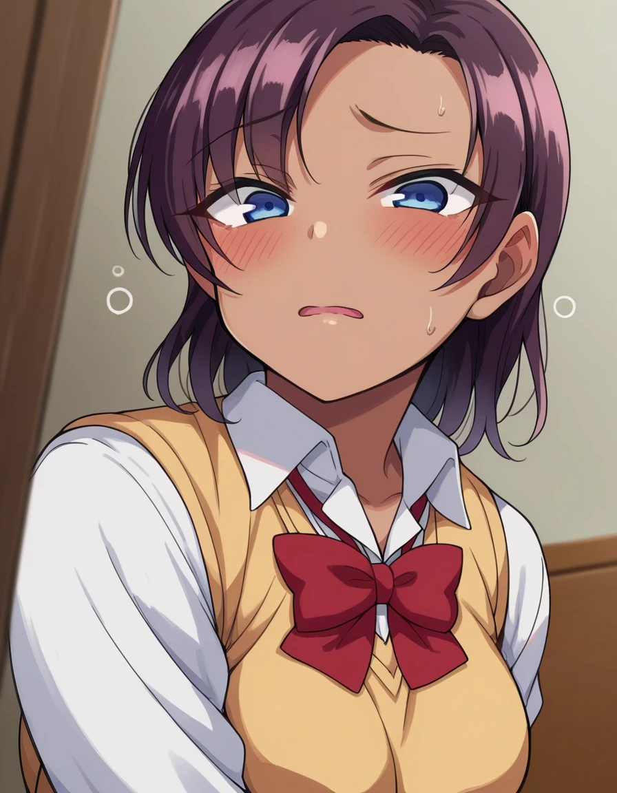 score_9, score_8_up, score_7_up, source_anime, 1girl,
saehinata, sae hinata, blue eyes, purple hair, dark skin, dark-skinned female,
shirt, bow,  white shirt, collared shirt, bowtie, red bow, sweater vest, brown sweater, skirt, blue skirt,
indoors, classroom,
looking at viewer, dutch angle, cowboy shot, big ass, thick thighs, ass showing, thong, full body,  black thong, big butt, pov_guy_flashes_his_dick_infront_of_her, sucking dick, deep throat, pov_sucking_dick_on her knees_big ass, censored dick, choking on dick, round buttcheeks, looking embarrassed, perfect anatomy, perfect body,