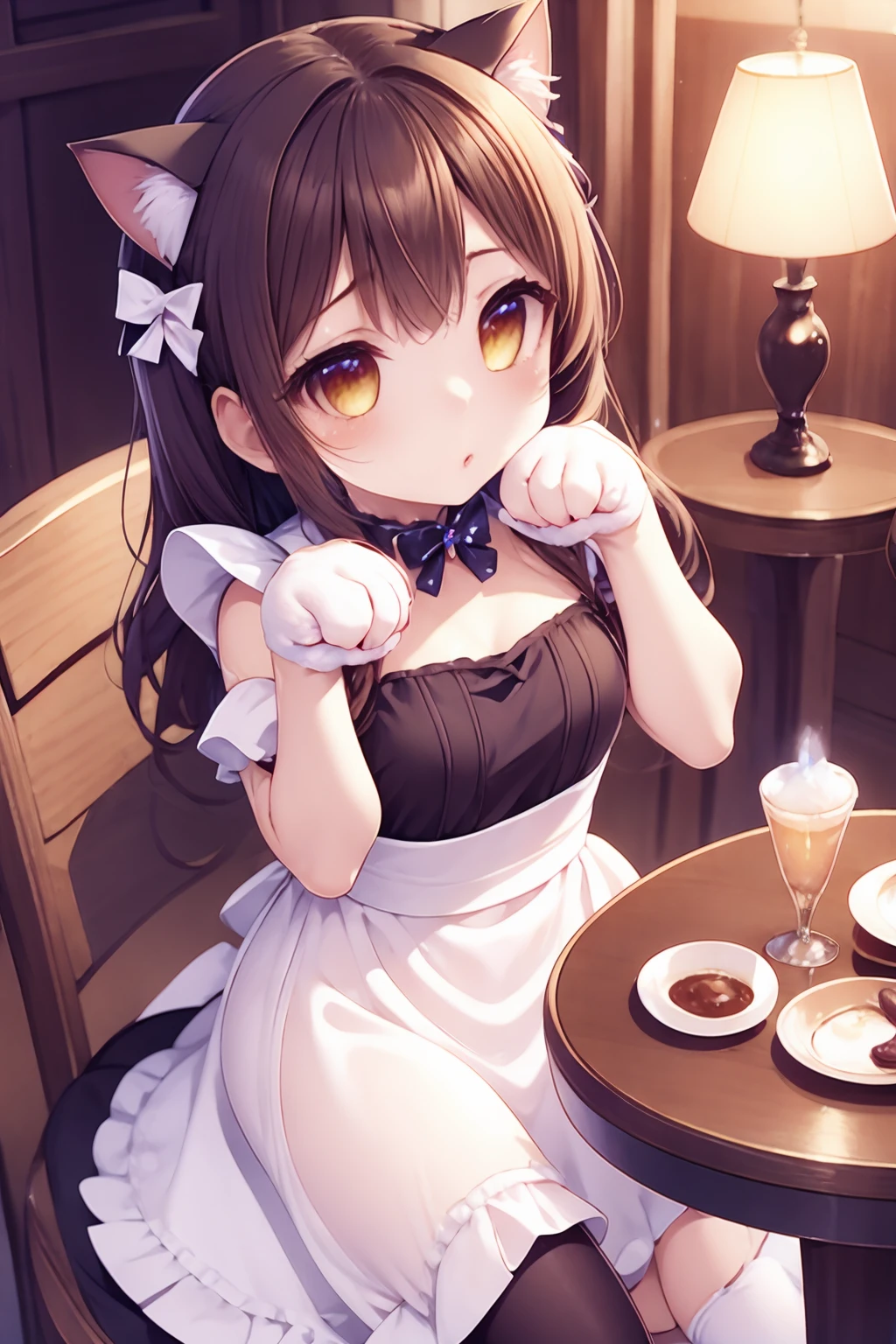 1girl,outfit,cocoa\(coffee\),table,chair,sit,cat hands, maid dress with cat ears,pet pose,paws,