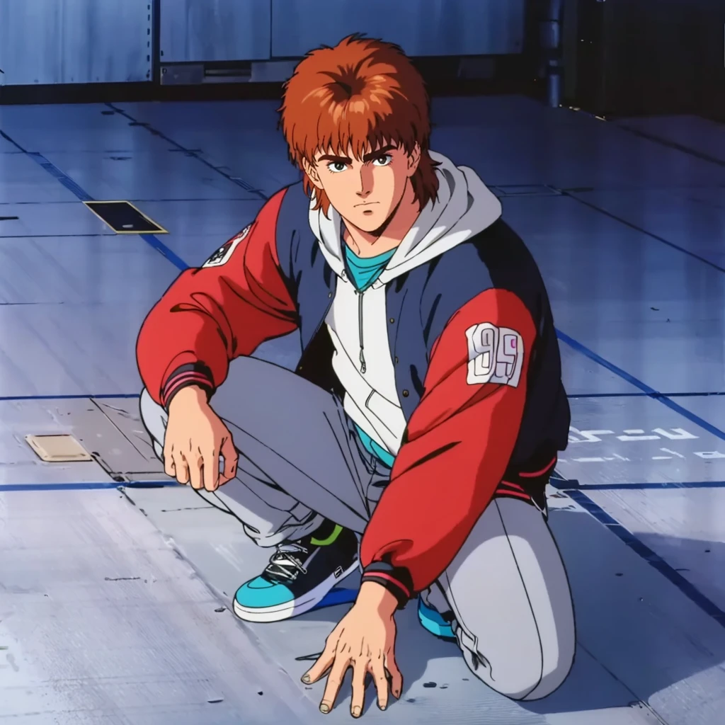 <lora:MZ2YahagiShogo001:0.7>,
solo,
MZ2YahagiShogo,1boy,1980s (style),
hoodie,jacket,pants,
full body,squatting,