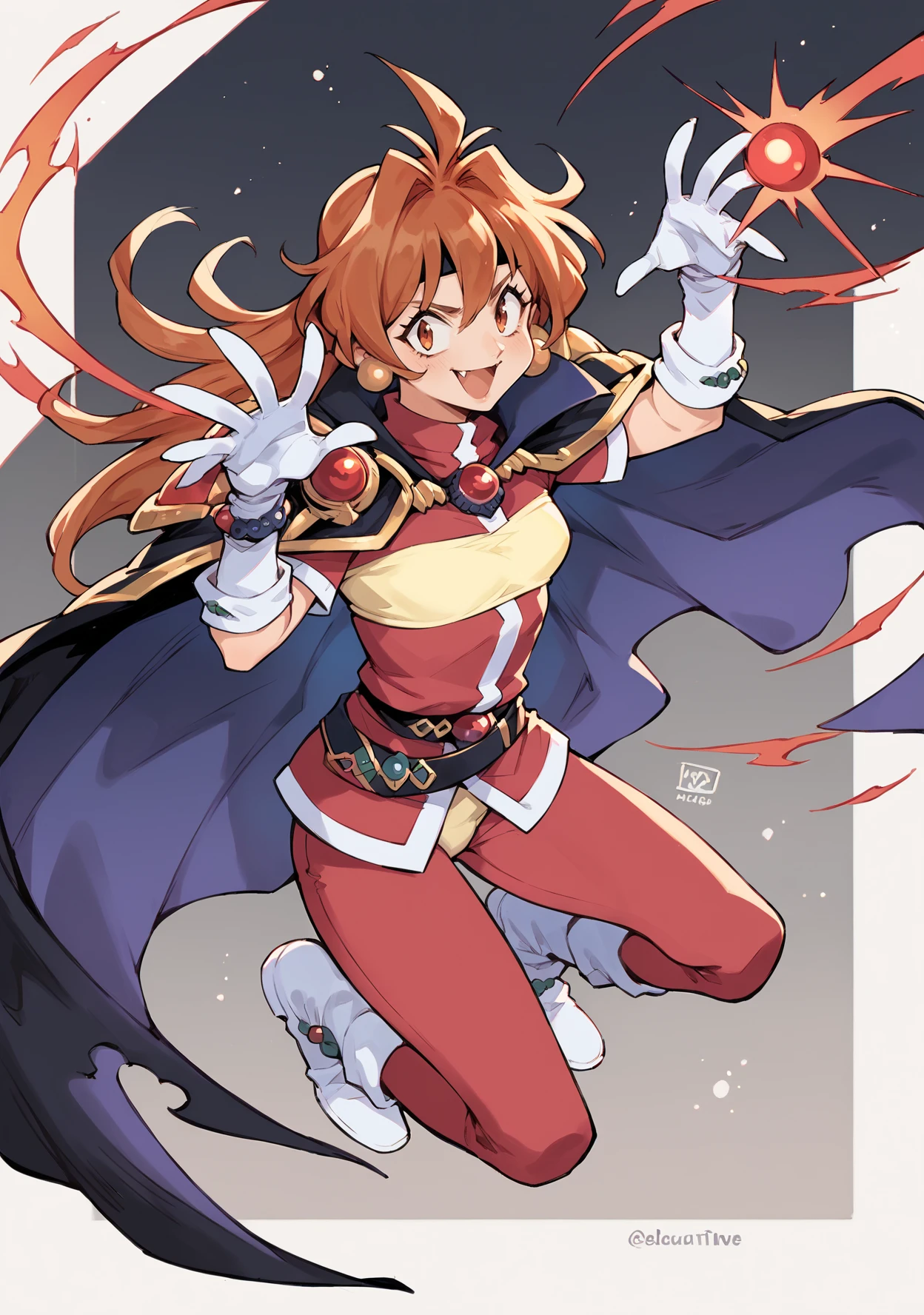 score_9, score_8_up, LNPD-tvs, 1girl,  <lora:Lina PDXL:1>,  yellow trim, headband, white footwear, white gloves, white trim, brooch, red pants, pauldrons, fang, cape, casting spell