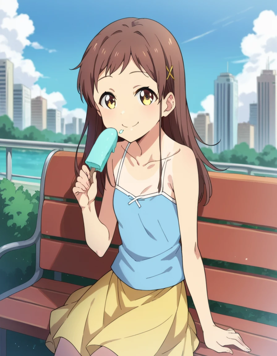 score_9, score_8_up, score_7_up, source_anime,
chiesayama, <lora:chie-sayama-ponyxl-lora-nochekaiser:1>
chie sayama, brown hair, yellow eyes, hair ornament, hairclip,
camisole, blue camisole, bare shoulders, collarbone, skirt, yellow skirt,
outdoors, cityscape, eating, smile, ice cream, sitting, bench,
looking at viewer, dutch angle, cowboy shot,