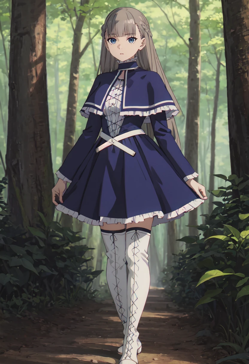 masterpiece,best quality,highres,ultra-detailed,lawine,long hair,braid,french braid,blunt bangs,capelet,blue capelet,dress,blue dress,frills,long sleeves,thigh boots,cross-laced footwear,(white footwear:1.2),<lora:lawine:0.7>,(dress lift:1.4),(blush:1.2),(embarrass:1.4),outdoors,garden,lace-trimmed panties,front view,