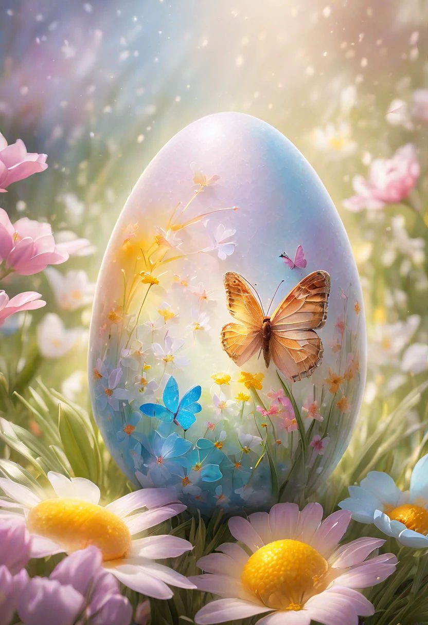 Easter egg embodying the concept of rebirth, cracked surface revealing a butterfly emerging, pastel colors dominate the scene, backlight casting a heavenly glow, nestled in a bed of vibrant spring flowers, soft-focus background, bokeh effect, natural light, ultra-fine details, digital painting.