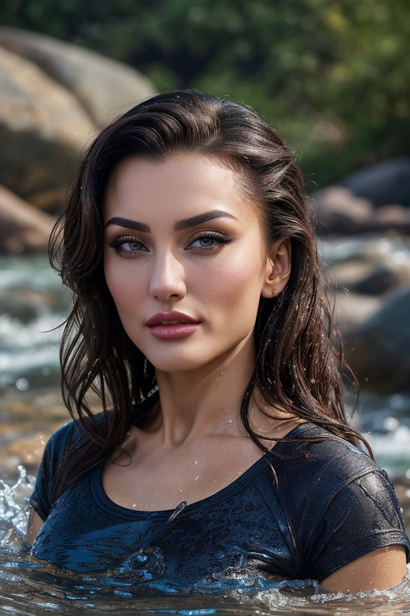 portrait of S363_TatianaNeva,a beautiful woman,in (rocky-rapids:1.1),wearing a (wet-tshirt:1.1),(wet-hair),(4k, RAW photo, best quality, 35mm, depth of field, ultra high res:1.1),(intricate, photorealistic, cinematic-shot, masterpiece, ultra-detailed:1.1),