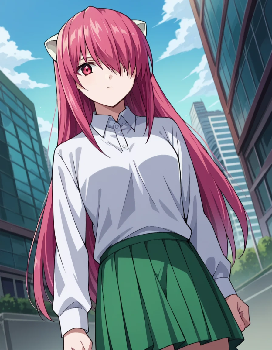 score_9, score_8_up, score_7_up, source_anime,
elfenliedlucy, <lora:elfen-lied-lucy-ponyxl-lora-nochekaiser:1>
lucy, long hair, pink hair, horns, pink eyes, hair over one eye,
long sleeves, sweater, skirt, green skirt, pleated skirt, shirt, white shirt, collared shirt, frills,
outdoors, cityscape,
looking at viewer, dutch angle, cowboy shot,