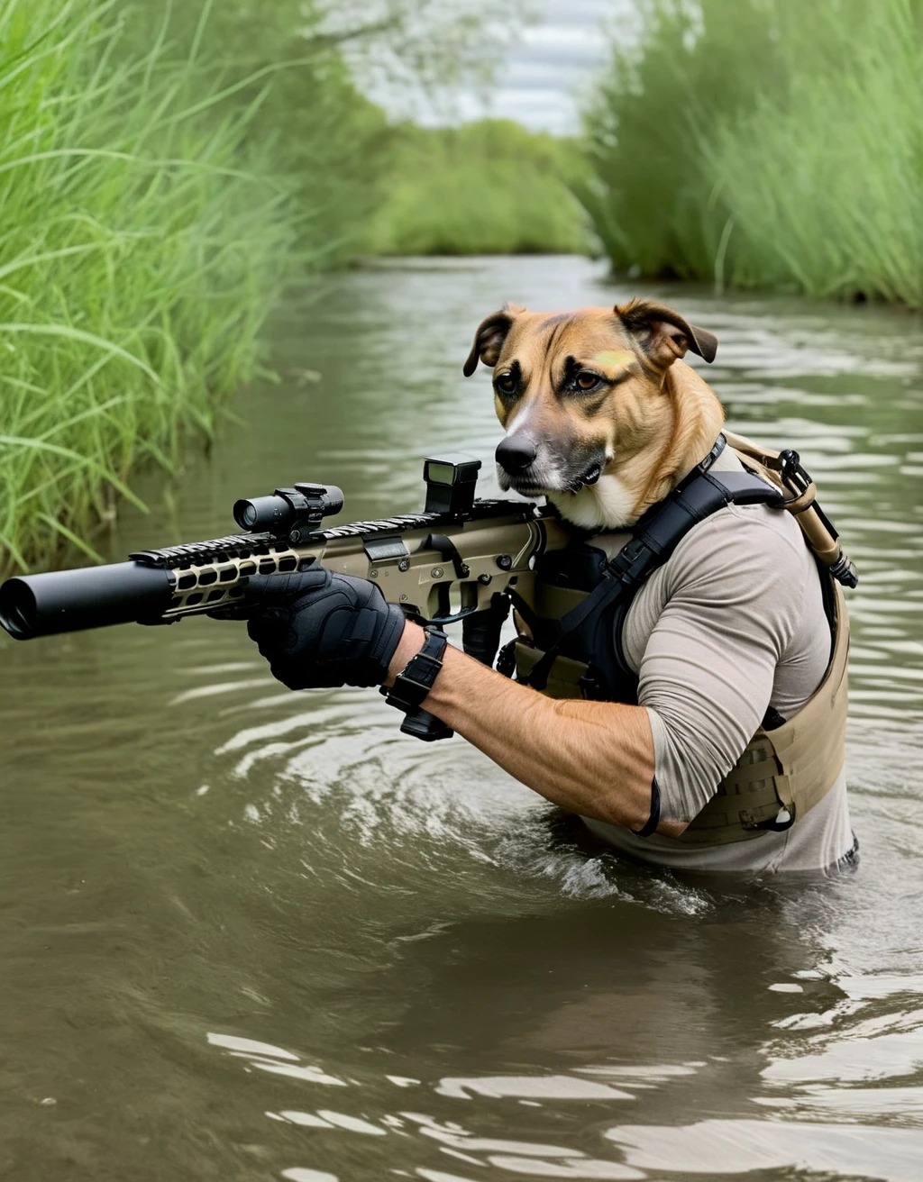 <lora:55D3434F21:1>   ((A dog in a body of water holding a rifle in his hands)). breathtaking shot, movie action still frame, cinematic shot!, shot from movie