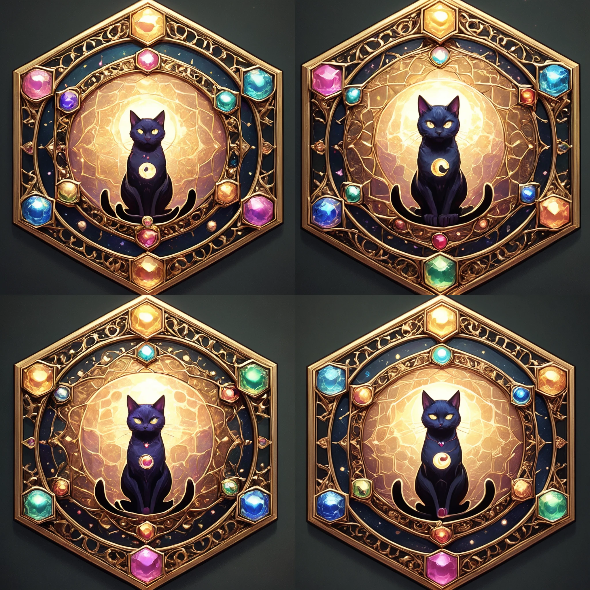 Badgetype,solo badge,golden frame,circular frame shape,solo,looking at viewer,full body,yellow eyes,no humans,glowing,animal,moon,cat,gem,black cat,multicolor,animal focus,
<lora:BadgeXL:0.8>