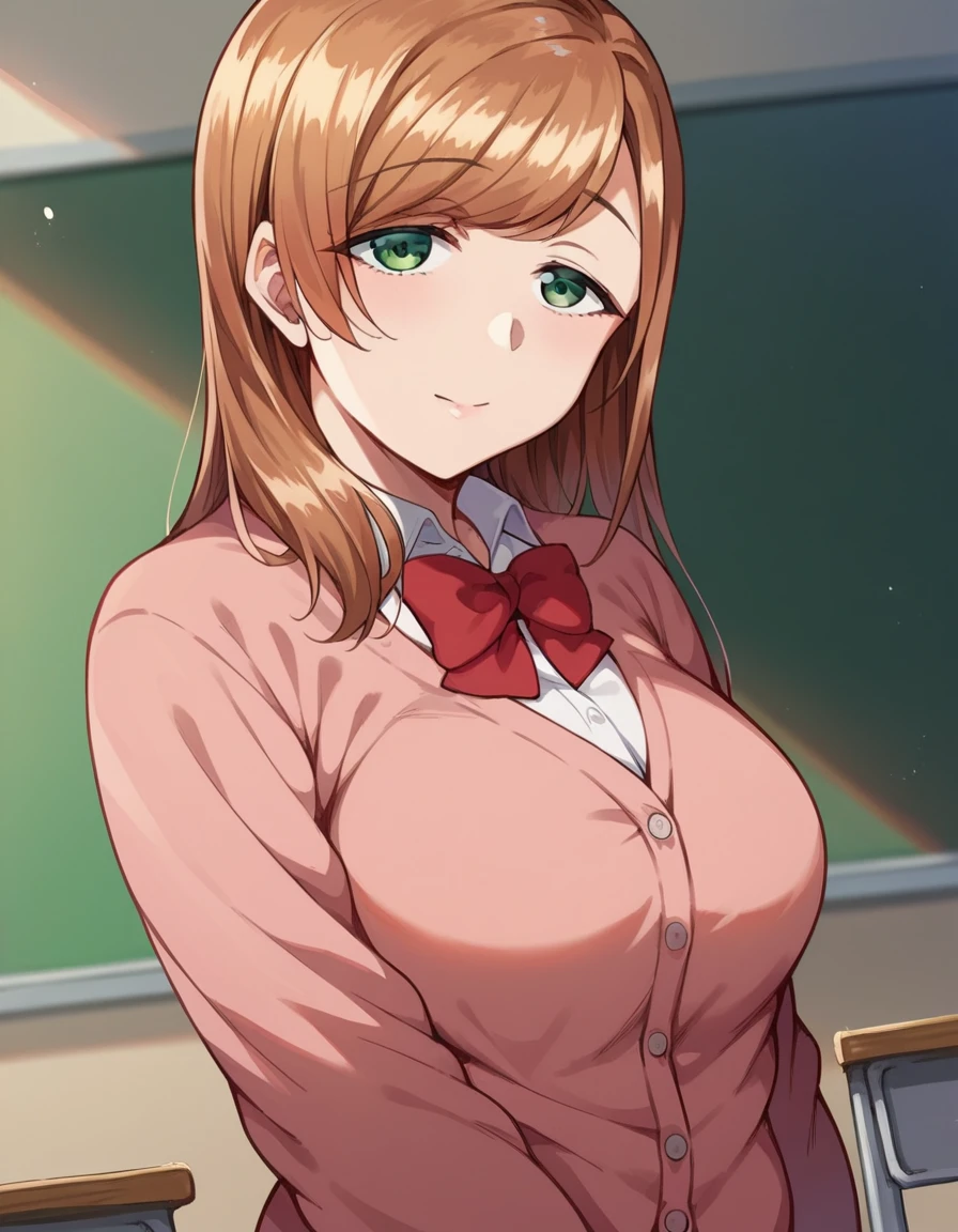 score_9, score_8_up, score_7_up, source_anime,
minakosanada, <lora:minako-sanada-ponyxl-lora-nochekaiser:1>
minako sanada, long hair, brown hair, green eyes, mature female,
long sleeves, bow, school uniform, bowtie, red bow, cardigan, pink cardigan,
indoors, classroom,
looking at viewer, dutch angle, cowboy shot,