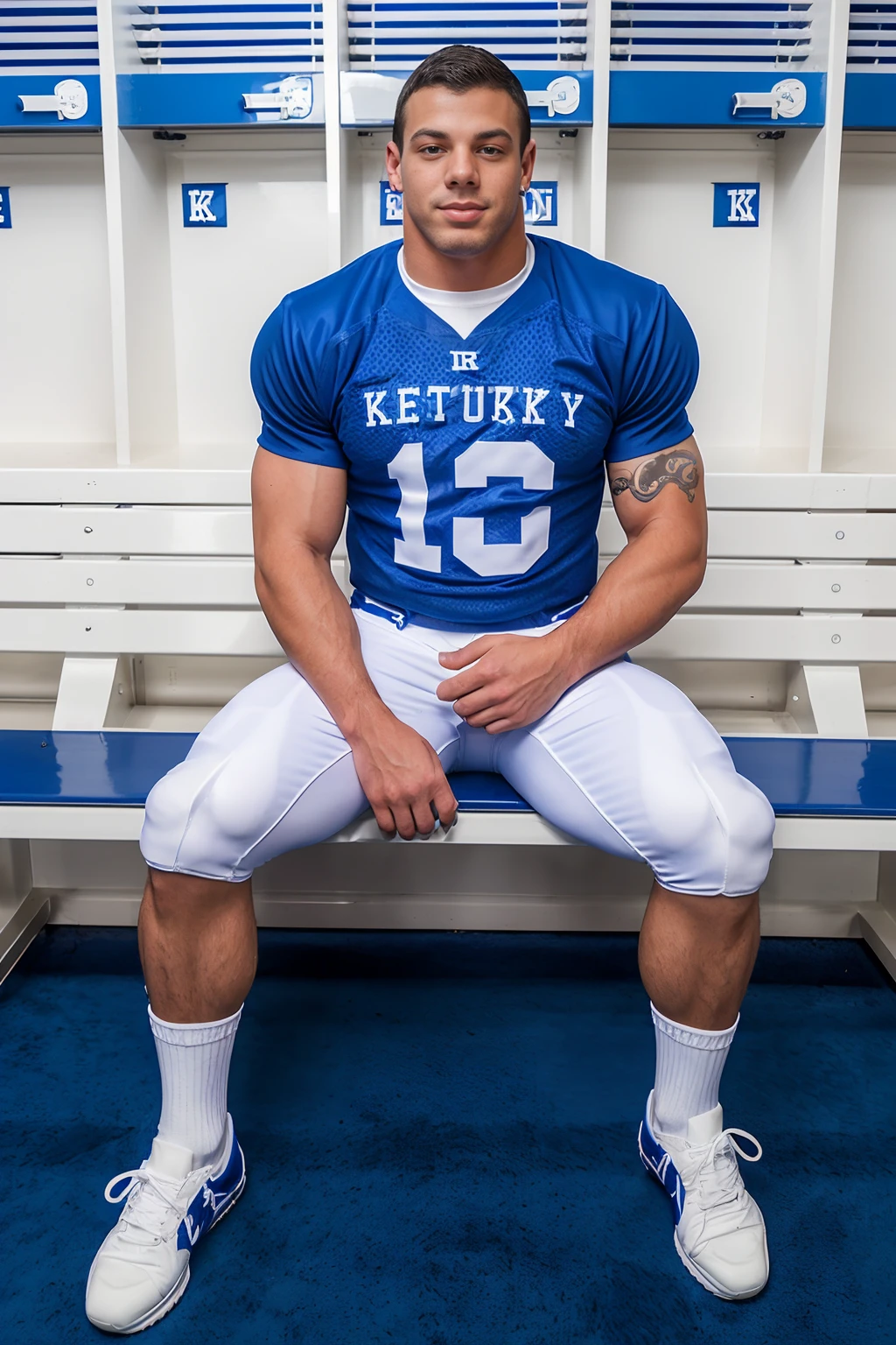 locker room, lockers in the background, sitting on a bench, slight smile, JesseSantana is an (American football player), wearing (football uniform), (Kentucky blue jersey:1.2), jersey number 10, (Kentucky blue football pants), (white socks), (white sneakers), (((full body portrait))), wide angle  <lora:JesseSantana-mature:0.8>