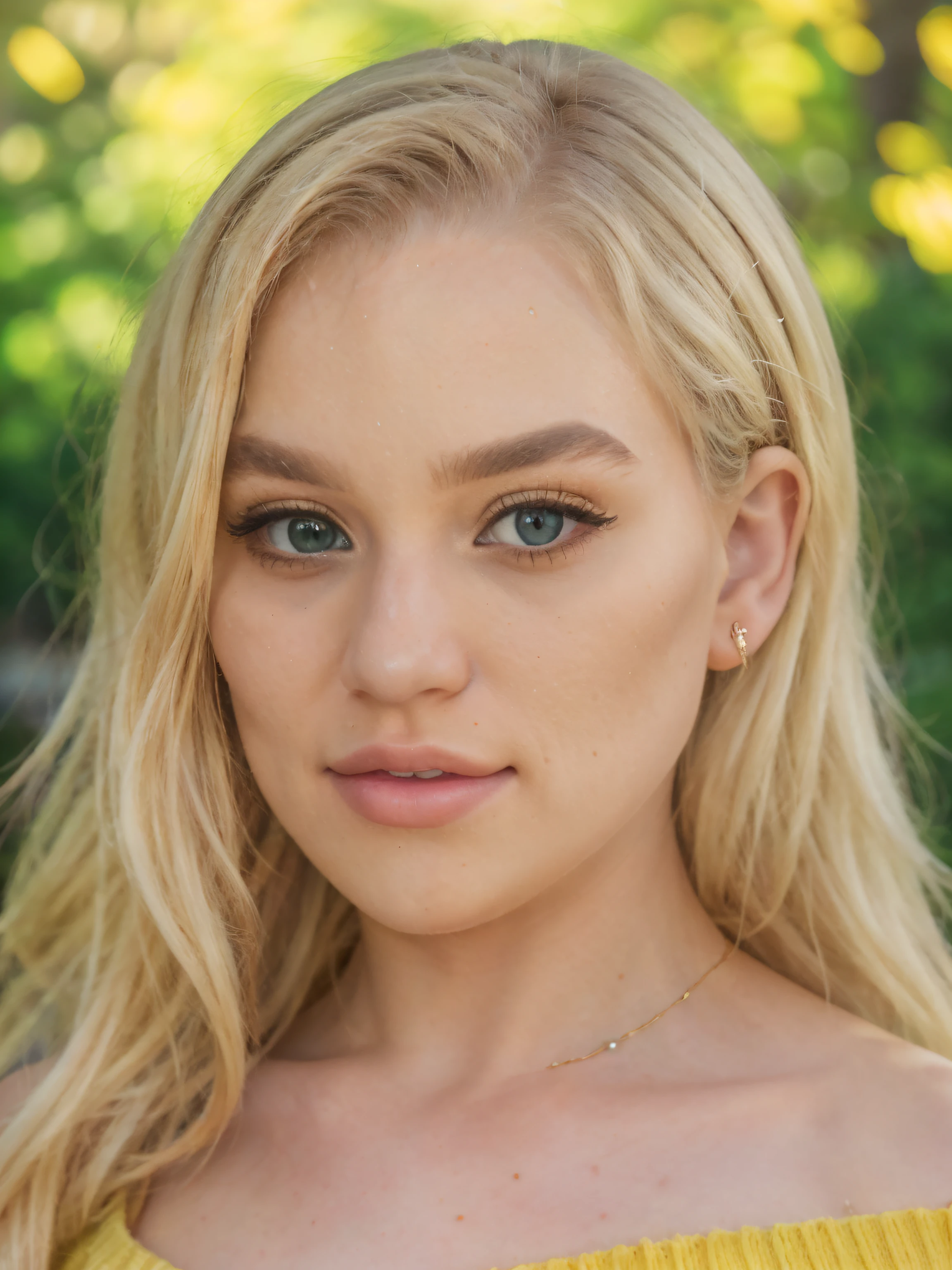 epic35mm, (closeup headshot:1.2), blkblsm, a beautiful woman, (perfect platinum blonde hair), (wearing yellow-off-shoulder-jumper:1.2), (city park, autumn:1.2),  (analog, cinematic, film grain), ((detailed eyes)), (color picture:1.1), Fujifilm XT3,  <lora:blkblsm:1>,  <lora:epiC35mm:1>