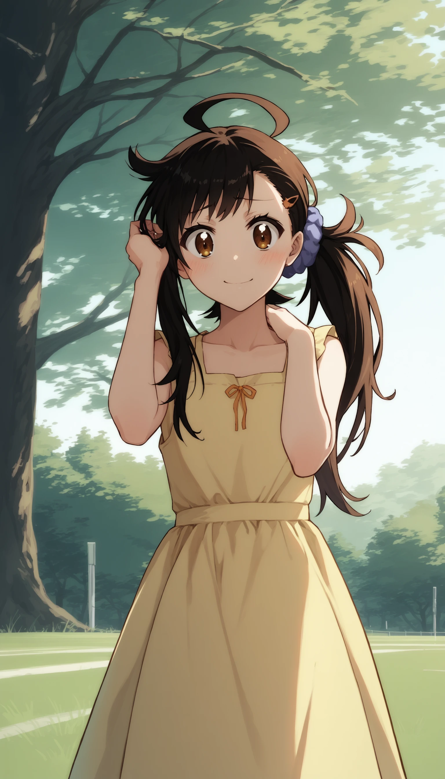 score_9, score_8_up, score_7_up, source_anime BREAK <lora:[P]Onodera Haru_v1:0.9>, deraharu, ahoge, side ponytail, hair scrunchie, hairclip, sundress, yellow sundress, grassfield, tree, timid, embarrassed, light smile, adjusting hair, hand in own hair,