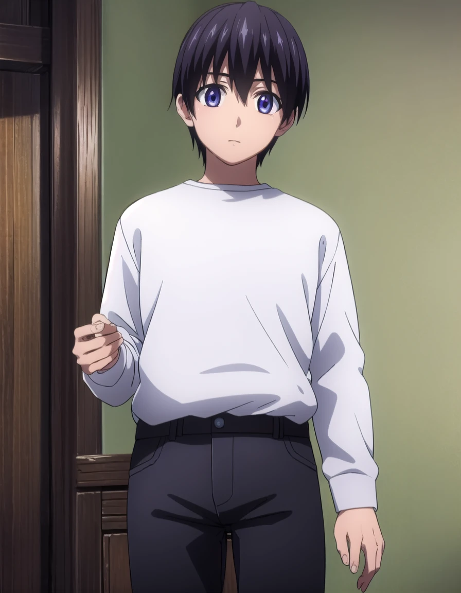 elfenliedkouta, <lora:elfen lied kouta s1-lora-nochekaiser:1>,
kouta, (purple eyes:1.1), black hair, male focus,
BREAK shirt, long sleeves, white shirt, short sleeves, open clothes, pants,
BREAK indoors,
BREAK looking at viewer, (cowboy shot:1.5),
BREAK <lyco:GoodHands-beta2:1>, (masterpiece:1.2), best quality, high resolution, unity 8k wallpaper, (illustration:0.8), (beautiful detailed eyes:1.6), extremely detailed face, perfect lighting, extremely detailed CG, (perfect hands, perfect anatomy),