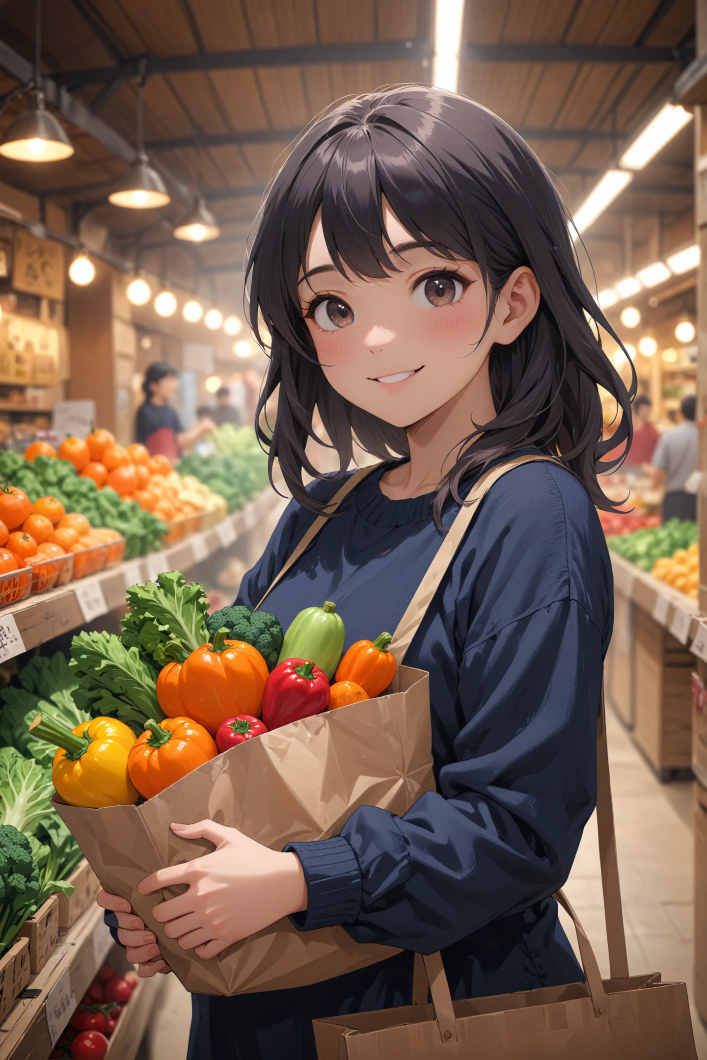 Cinematic still of girl holding shopping bag full of vegetables with paws, shopping with smile in a market. . Shallow depth of field, vignette, highly detailed, high budget, bokeh, Cinemascope, moody, epic, gorgeous, film grain, grainy