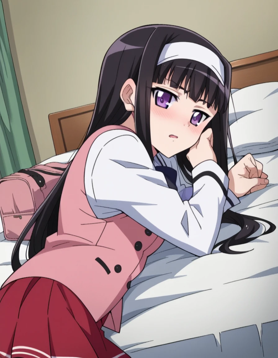 score_9, score_8_up, score_7_up, source_anime,
midoribyakudan, <lora:midori-byakudan-ponyxl-lora-nochekaiser:1>
midori byakudan, long hair, black hair, purple eyes,
skirt, bow, school uniform, hairband, bag, red skirt,
indoors, bed, bed room, on side, blush, drunk,
looking at viewer, dutch angle, cowboy shot,