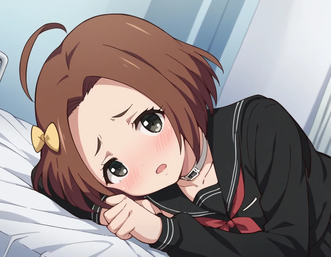 score_9, score_8_up, score_7_up, source_anime,
rikamakiba, <lora:rika-makiba-ponyxl-lora-nochekaiser:1>
rika makiba, short hair, brown hair, bow, black eyes, ahoge, hair bow,
skirt, thighhighs, long sleeves, school uniform, serafuku, choker, black thighhighs, black skirt, collar, zettai ryouiki, black serafuku,
indoors, bed, bed room, on side, blush, drunk,
looking at viewer, dutch angle, cowboy shot,
