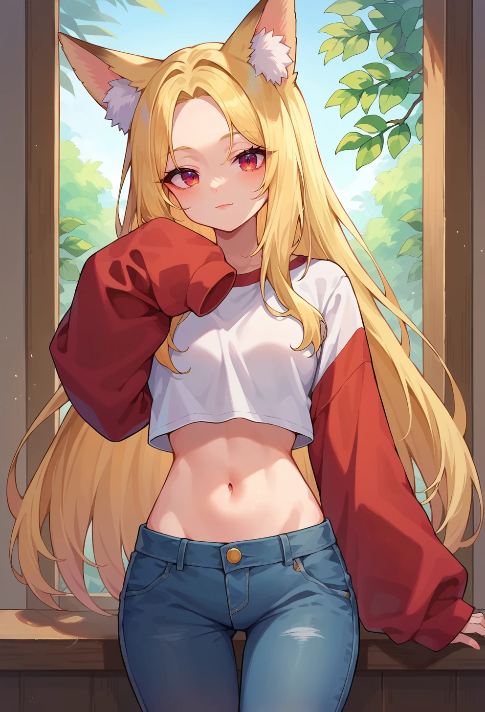 score_9, score_8_up, score_7_up, score_6_up, source anime, BREAK,
kittunemimi, fox girl, 1girl, animal ears, solo, navel, pants, long hair, sleeves past wrists, animal ear fluff, sleeves past fingers, long sleeves, blonde hair, denim, midriff, fox ears, crop top, looking at viewer, forehead