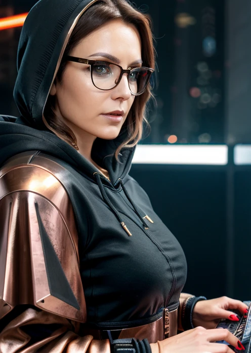 photo of a woman, wearing a hoodie, mystic power, techno, ((cyberpunk)), ((detailed background)), antique, mechanical, brass and copper tones, intricate, detailed, <lora:MS_Moon_Flower_V1_32:0.8>