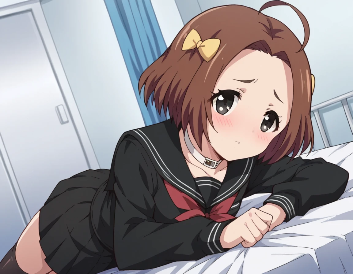 score_9, score_8_up, score_7_up, source_anime,
rikamakiba, <lora:rika-makiba-ponyxl-lora-nochekaiser:1>
rika makiba, short hair, brown hair, bow, black eyes, ahoge, hair bow,
skirt, thighhighs, long sleeves, school uniform, serafuku, choker, black thighhighs, black skirt, collar, zettai ryouiki, black serafuku,
indoors, bed, bed room, on side, blush, drunk,
looking at viewer, dutch angle, cowboy shot,