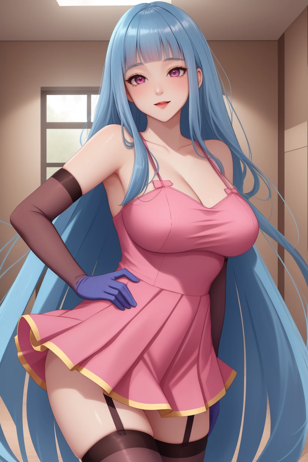 ((best quality)), absurdres, ((ultra high res)), perfect face, beautiful face, me!me!me!, pink dress, skirt, elbow gloves, thighhighs, blue hair, very long hair, indoors, perfect female body, looking at viewer, fancy lighting, perfect skin, clean skin, soft skin, 8k, masterpiece, <lora:me!:0.7>