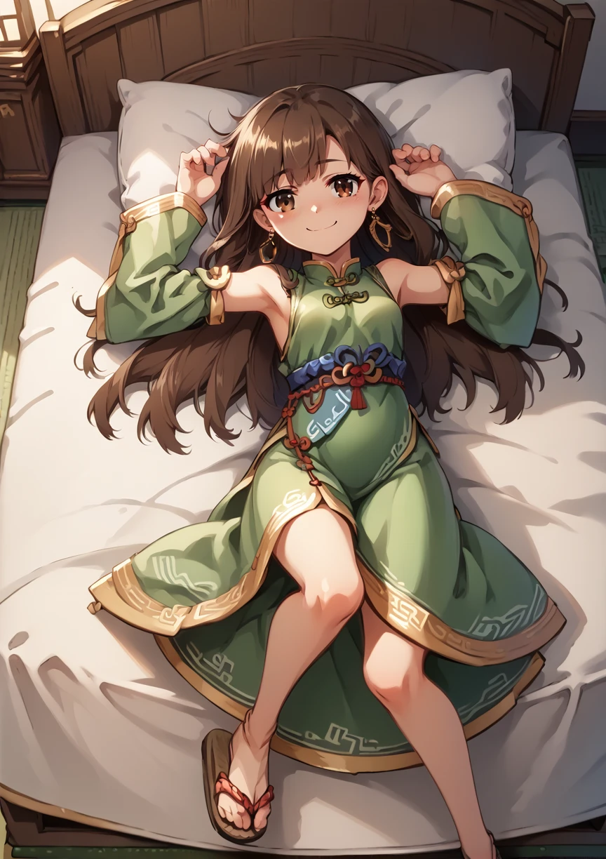 1girl, solo, small breasts, brown hair, long hair, brown eyes, green dress, chinese clothes, long sleeves, detached sleeves, gold earrings, extended arms, exposed shoulders, sandals, smile, blush, lying, on back, arms up, bed, indoors, chinese bedroom   <lora:Lymsleia_Falenas_Suikoden_V_XLv2:1> <lora:Hiroshi-Style-PonyXL-000020:1>, score_9, score_8_up, score_7_up, score_6_up, score_5_up, score_4_up, BREAK source_anime, masterpiece