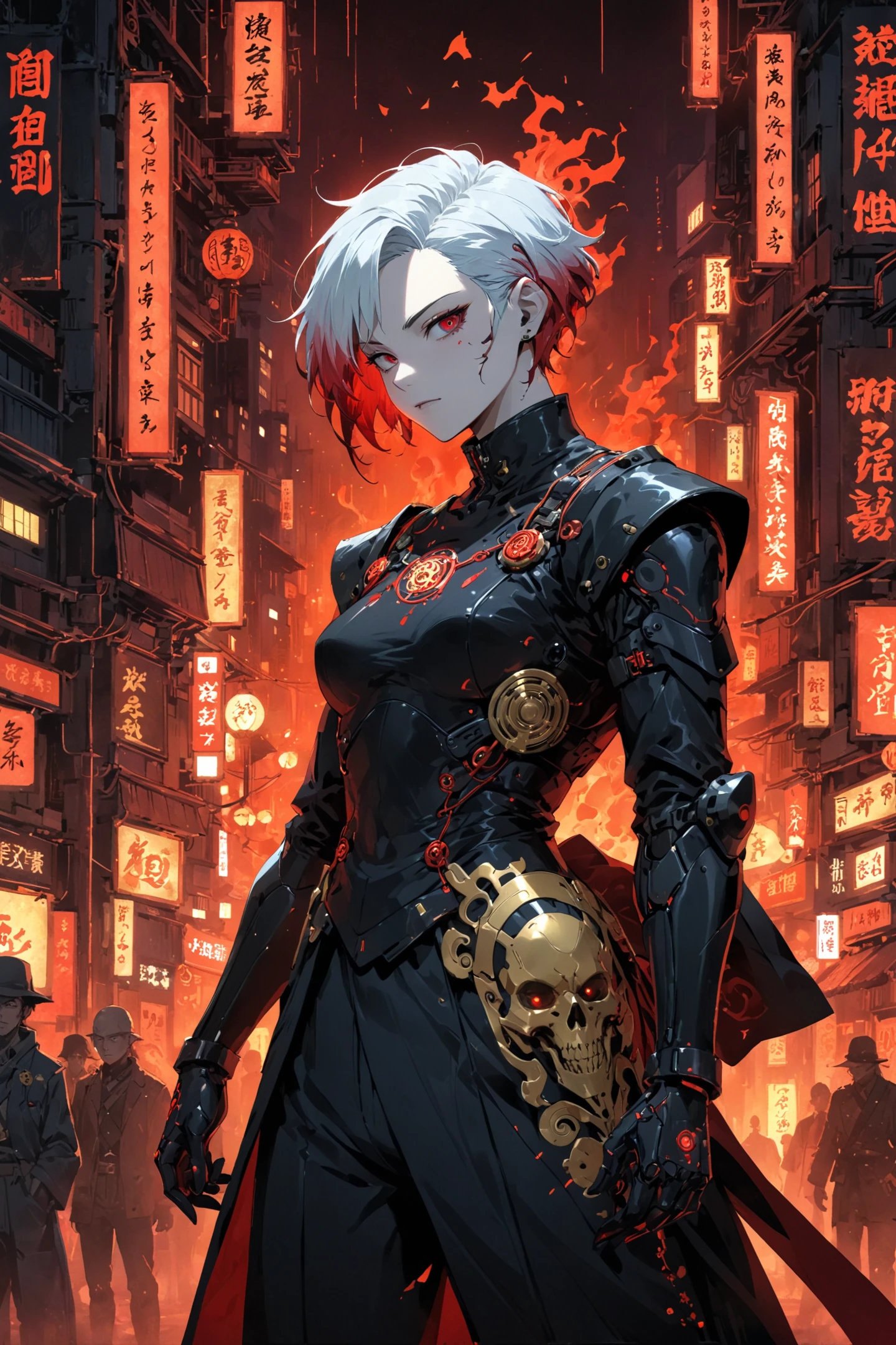 horror theme, klimt composition,  Japanese edo period theme, neo tokyo, cyberpunk, engineer, high technology, connected slaves, corrupted politicians, yakuzas, cyborg samourai in action pose with traditionnal haircut, traditionnal outfits, wired slaves, traditionnal japanese edo patterns embroideries,  adorned with elementals edo magics,  Junji Ito graphics, sketch, graphic novels, complexe city background, sketch, Kawanabe KyMsai, flat design
