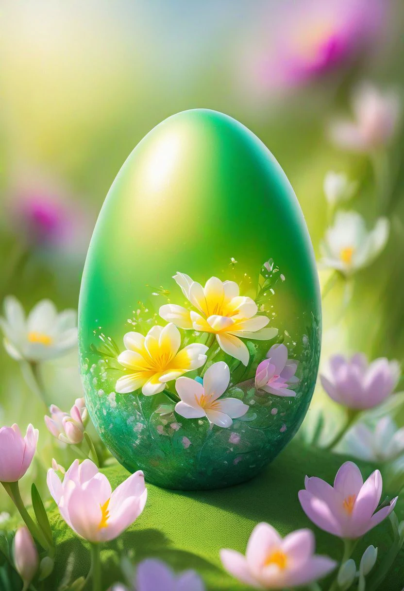 green Easter egg embodying the concept of rebirth, cracked surface revealing emerging, pastel colors dominate the scene, backlight casting a heavenly glow, nestled in a bed of vibrant spring flowers, soft-focus background, bokeh effect, natural light, ultra-fine details, digital painting.