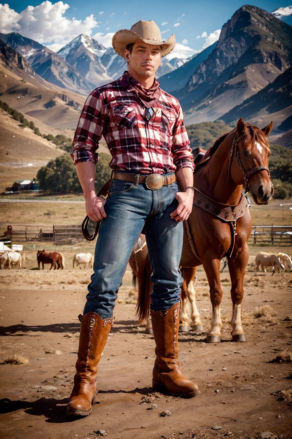 mountains in the background, ranch land, horse corral with horse, standing, JesseSantana is a sexycowboy, wearing plaid shirt, chaps, belt, silver belt buckle, cowboy boots, red neckerchief, cowboy hat, (((full body portrait))), wide angle  <lora:Clothing - Sexy Cowboy:0.6>  <lora:JesseSantana-mature:0.8>