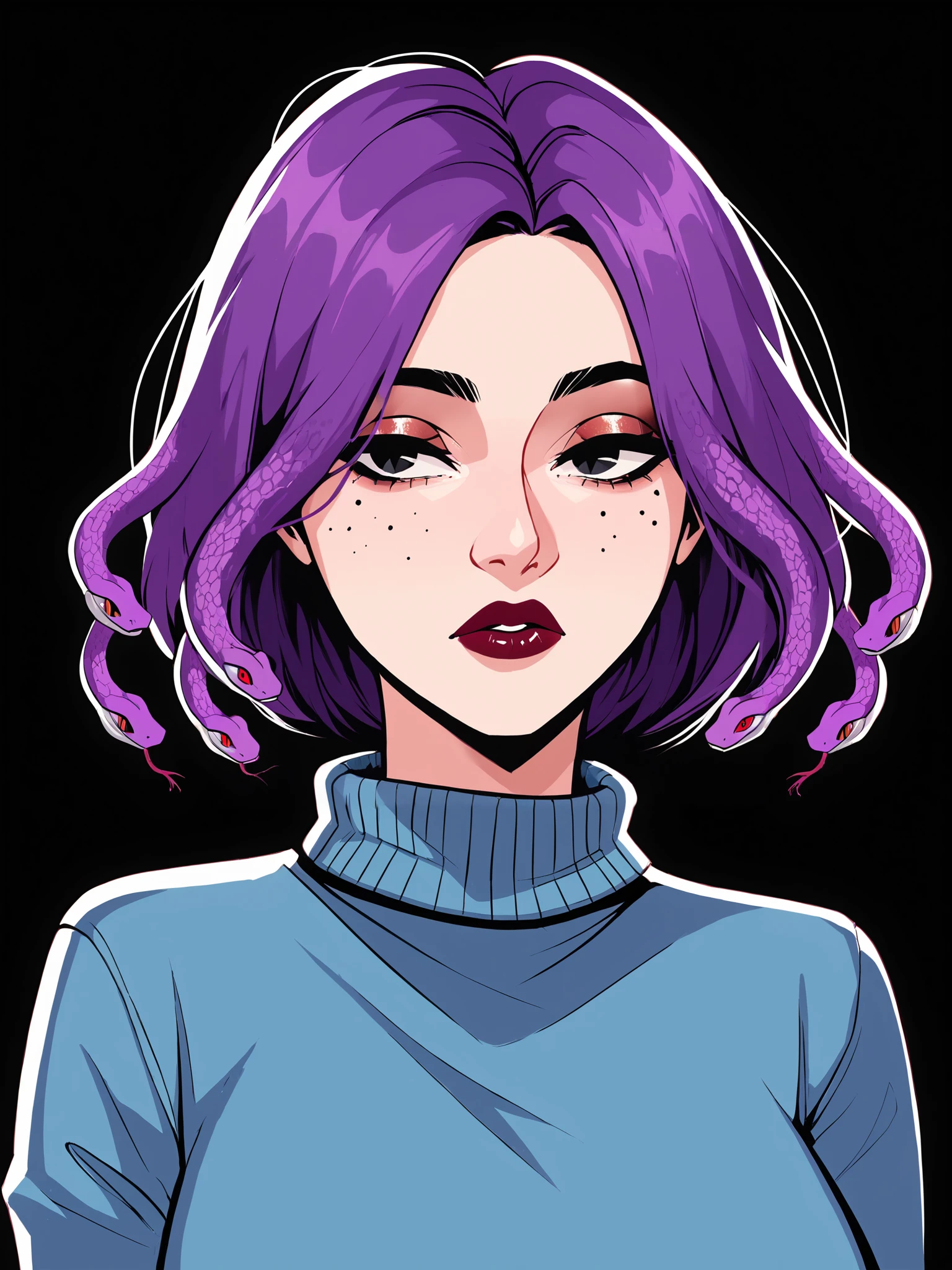 score_9, score_8_up, score_7_up, score_6_up, score_5_up, score_4_up,
BREAK
1girl, snake hair, purple hair, bob cut, black eyes, half-closed eyes,
BREAK
solo, large breasts, blue sweater,
BREAK
black background, simple background, <lora:Lunas-Snake-Hair-SDXL-A1:1>