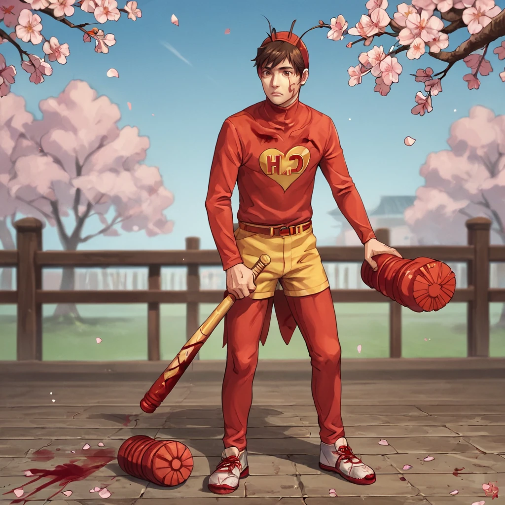 score_9, score_8_up, score_7_up, score_6_up, score_5_up, score_4_up, BREAK source_anime, 1boy,male focus,  brown hair, <lora:chapulín_colorado:0.9>,chapulin,full_body,blue sky, baseball_bat, black_eyes, solo, standing, weapon, one girl, beautiful face, pale skin, busty,  cherry blossoms, gore