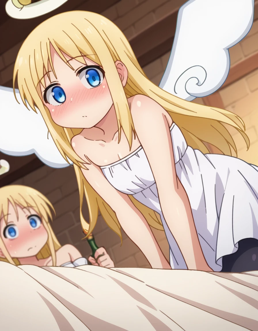 score_9, score_8_up, score_7_up, source_anime,
crimvael, <lora:crimvael-ponyxl-lora-nochekaiser:1>
crimvael, long hair, blue eyes, blonde hair,
dress, bare shoulders, collarbone, wings, white dress, strapless, halo, strapless dress, angel wings, white wings, angel,
indoors, bed, bed room, on side, blush, drunk,
looking at viewer, dutch angle, cowboy shot,