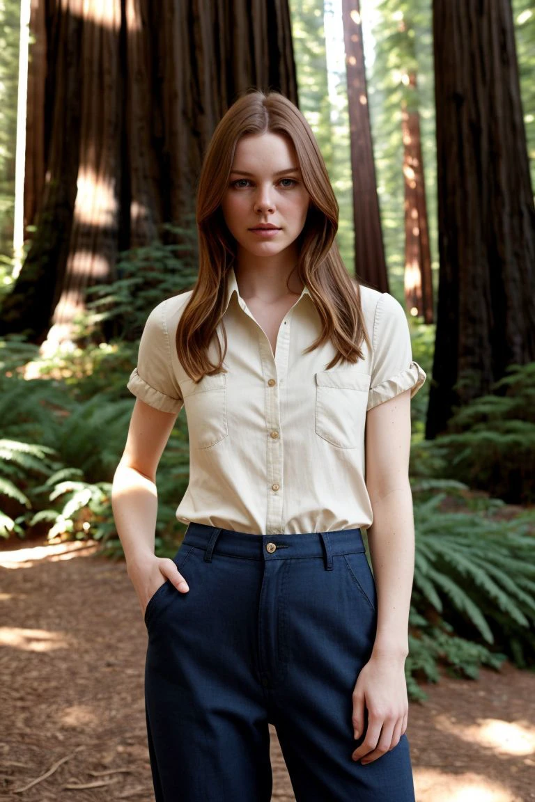 European woman, closeup, sandals, (shirt), pants, (california redwoods), ZM_delphine, wide shoulders, perfect face, (contact iris: 1.1), pale skin, skin pores , depth of field