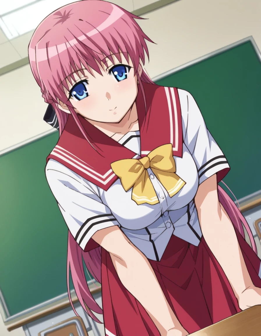 score_9, score_8_up, score_7_up, source_anime,
akinaorifushi, <lora:akina-orifushi-ponyxl-lora-nochekaiser:1>
akina orifushi, long hair, pink hair, blue eyes, hair braid, braid, hair bow, bow, mature female,
skirt, school uniform, serafuku, red sailor collar, red skirt, white shirt, short sleeves,
indoors, classroom, bent over,
looking at viewer, dutch angle, cowboy shot,