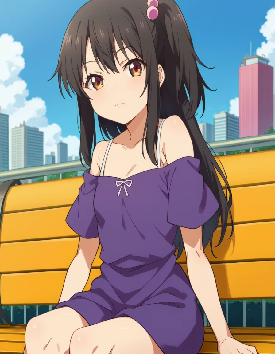 score_9, score_8_up, score_7_up, source_anime,
tenkaadachi, <lora:tenka-adachi-ponyxl-lora-nochekaiser:1>
tenka adachi, black hair, brown eyes, side ponytail, long hair, hair bobbles,
shorts, off shoulder, dress, purple dress,
outdoors, cityscape, sitting, bench,
looking at viewer, dutch angle, cowboy shot,