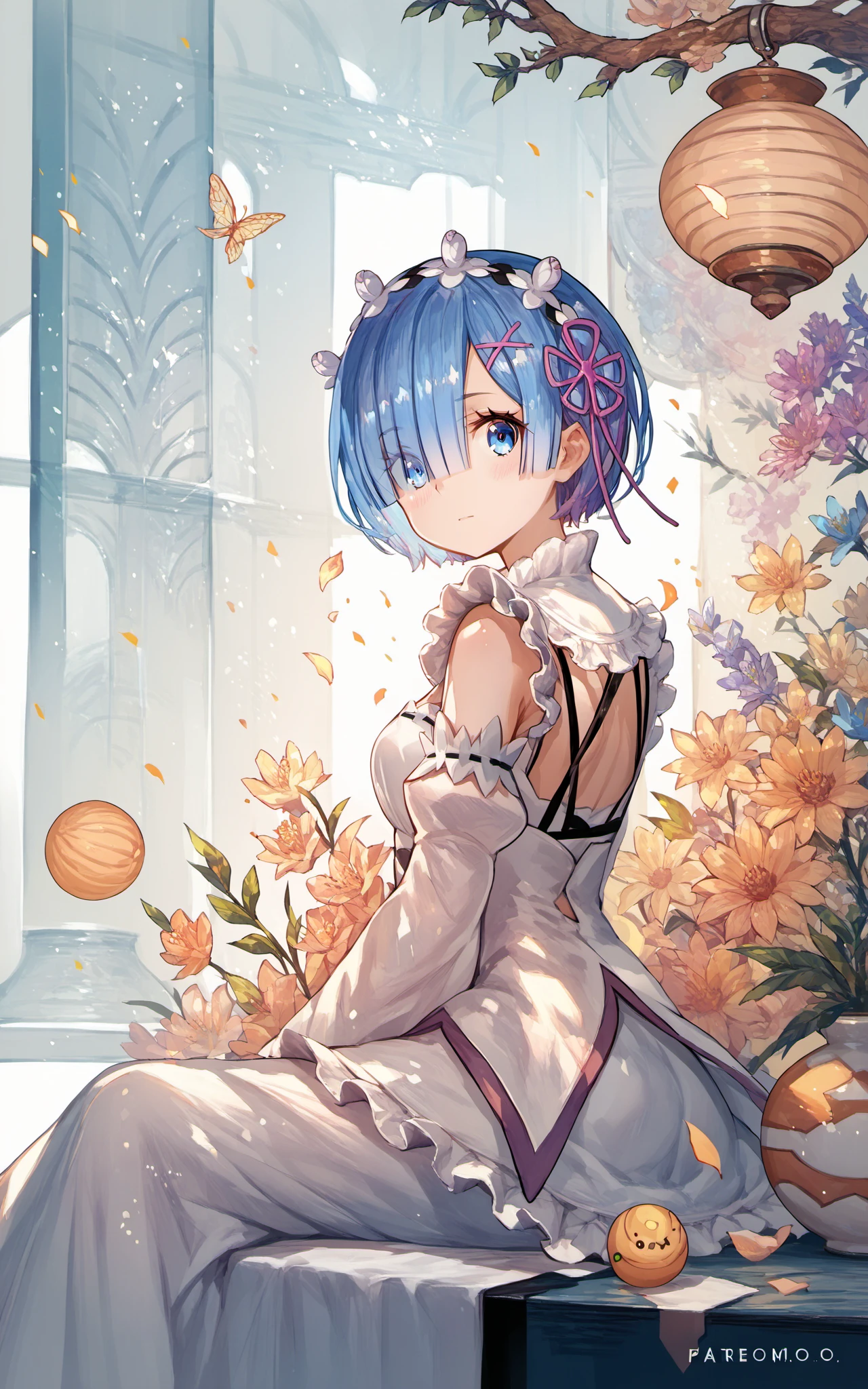 (score_9,score_8_up),score_7_up,score_6_up,score_5_up,source_anime,<lora:fuzichoco_style_pony-000010:1>,1girl,fuzichoco_style,colorful,sitting,light particles,looking at viewer, rem \(re:zero\),