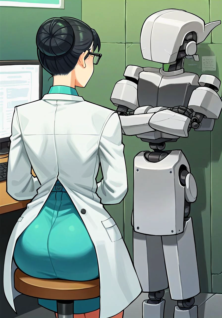 score_9,score_8_up,score_7_up,score_6_up, (science lab:1.2)
BREAK <lora:drL1FO_PDXL:0.8> drL1fo, black hair, hair bun, brown eyes, black-framed glasses, buttoned labcoat, white gloves, teal blouse skirt, back view, sitting on stool, typing, (old computer:1.2), science lab
BREAK (humanoid robot:1.1), (standing, hunched over, unconscious:1.2)