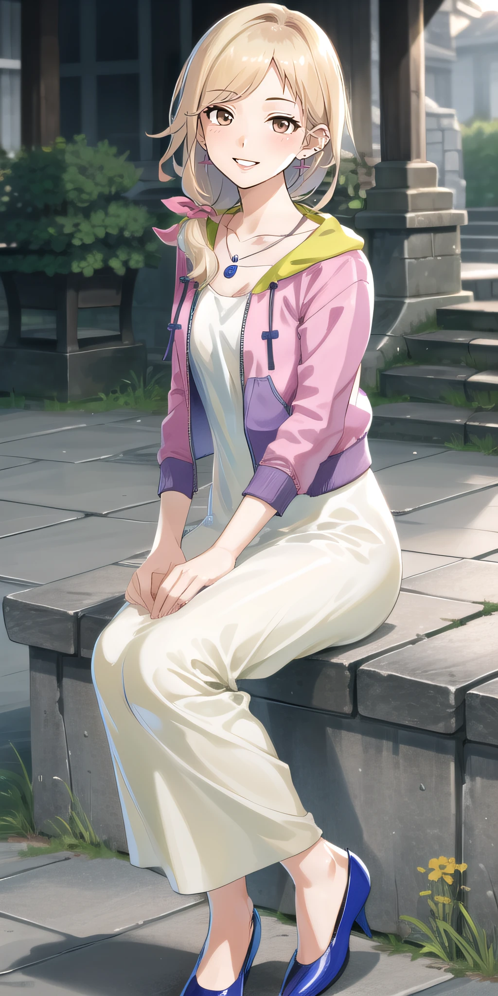(masterpiece:1.2), best quality, high resolution, unity 8k wallpaper, (illustration), extremely detailed face, perfect lighting, extremely detailed CG, 1girl, solo, <lora:Kimishima_Saki:0.8>, saki, brown eyes, blonde hair, collarbone, necklace, pink jacket, white dress, pink earings, open jacket, smile, looking at viewer, parted lips, arms at sides, full body, sitting, blue shoes