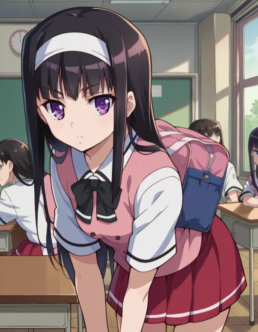 score_9, score_8_up, score_7_up, source_anime,
midoribyakudan, <lora:midori-byakudan-ponyxl-lora-nochekaiser:1>
midori byakudan, long hair, black hair, purple eyes,
skirt, bow, school uniform, hairband, bag, red skirt,
indoors, classroom, bent over,
looking at viewer, dutch angle, cowboy shot,
